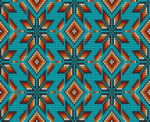 Timeless Southwest Native American Aztec beads motif teal Raster Pattern. Tribal beaded geometrics in red, orange, yellow, teal seamless pattern.