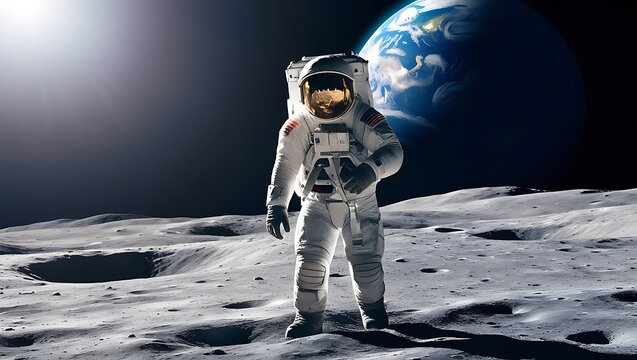 This high-resolution photograph captures a breathtaking moment of an astronaut walking on the Moon’s surface with Earth rising in the background.