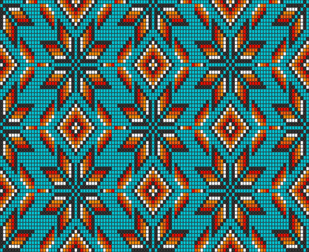 Timeless Southwest Native American Aztec beads motif teal Raster Pattern. Tribal beaded geometrics in red, orange, yellow, teal seamless pattern.