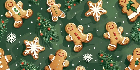 Naklejka premium A seamless design of gingerbread men and&nbsp;snowflakes with&nbsp;stars&nbsp;and fir trees is drawn manually on a green background to represent Christmas treats, Generative AI.