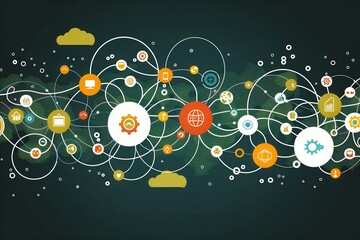 Obraz premium A digital abstract illustration showcasing interconnected nodes and network patterns, symbolizing technology and data communication.