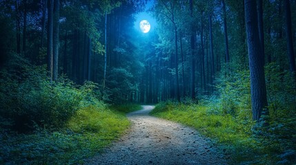 Obraz premium Enchanted Forest Trail, a mysterious hiking path winding through a dense, shadowy forest, tall trees softly illuminated by moonlight, inviting exploration and adventure.