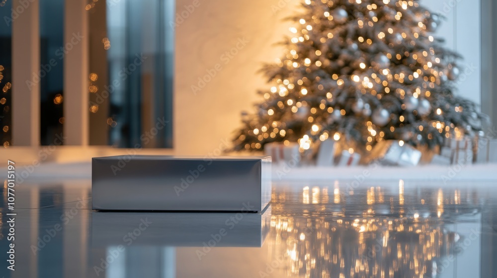 Poster A silver box rests on a reflective surface. The box is in focus while the background is blurred. A Christmas tree with white lights and ornaments is visible in the background.