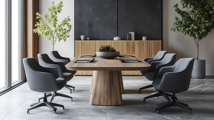 Fototapeta premium Minimalist Meeting Space with Wooden Table and Gray Chairs