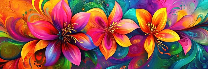 Fototapeta premium Abstract flowers in bold, bright colors with intricate, psychedelic patterns swirling around a vibrant background