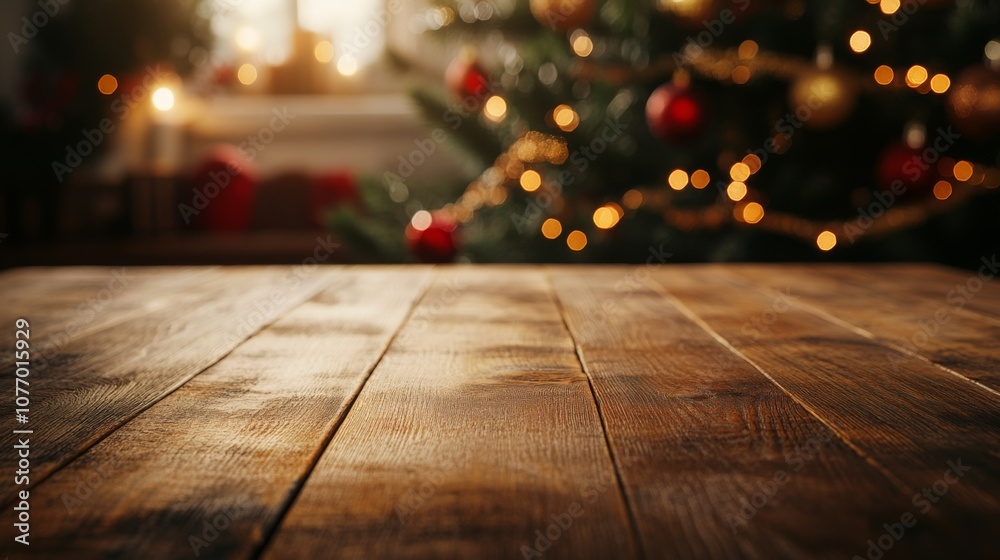 Poster the image shows a wooden table with a blurred background. the background is a christmas tree with li