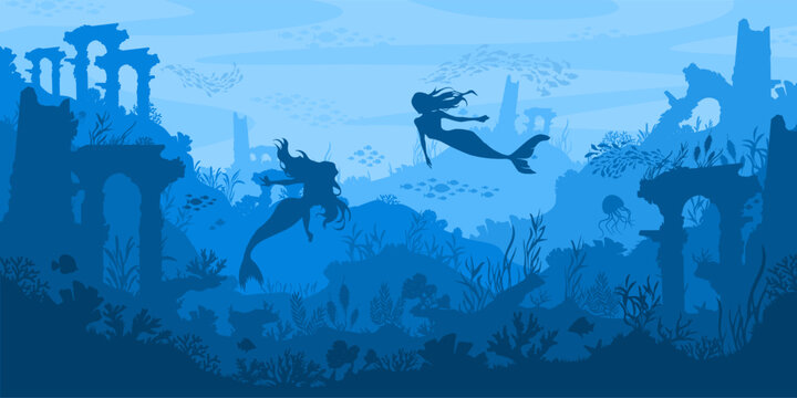 Mermaid sea landscape. Atlantis underwater ancient ruins, mystical ocean fantasy world with coral reef and marine life. Layered silhouette vector background illustration.