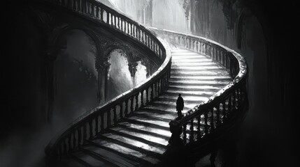 Naklejka premium A Hauntingly Beautiful Spiral Staircase in Monochrome, Evoking Mystique and Emotion in an Enigmatic Architectural Fantasy Setting