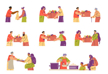 Foodsharing vector illustrations set of people sharing food