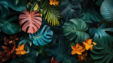 Fototapeta premium Lush Tropical Rainforest, vibrant colors, exotic plants, diverse flora and fauna, a rich ecosystem teeming with life, showcasing nature's beauty and biodiversity.