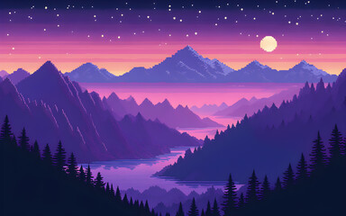 Obraz premium Pixel art mountain range at twilight, layered purples and blues with scattered stars
