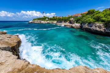 Fototapeta premium Landscape of a rocky coastline with waves crashing against cliffs and a lighthouse in the distance