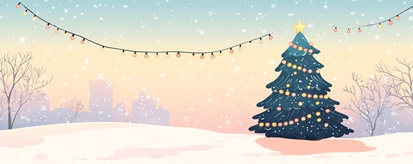 Christmas tree decorated with fairy lights in snowy city park