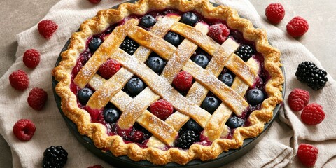 Freshly baked berry pie features a beautifully woven lattice crust, bursting with vibrant blueberries, raspberries, and blackberries nestled atop a wooden surface with leaves for a natural touch.