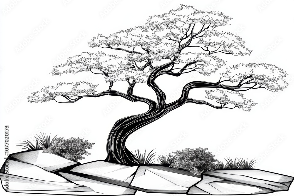 Poster minimalist line drawing of a tree with simple, clean lines, capturing the essence of nature on a whi