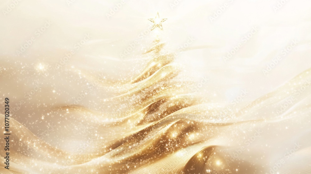 Aufkleber a stylized image of a christmas tree made up of swirling gold fabric with a star on top. the backgro