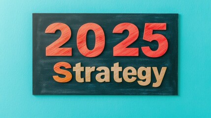 A vibrant sign displaying "2025 Strategy" against a turquoise background, representing future planning and strategic goals.