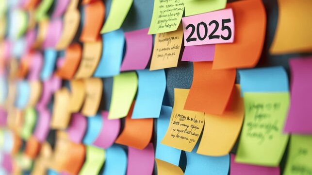 A vibrant array of colorful sticky notes arranged on a wall, showcasing ideas, plans, or reminders, with a prominent note labeled "2025.