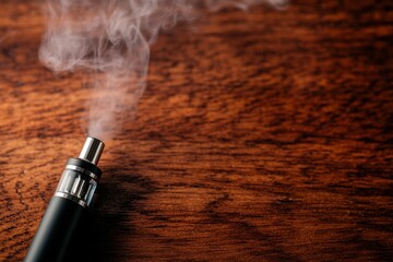 Naklejka premium A close-up of a vape device releasing smoke against a wooden background, highlighting modern vaping culture and the aesthetics of smoking alternatives.