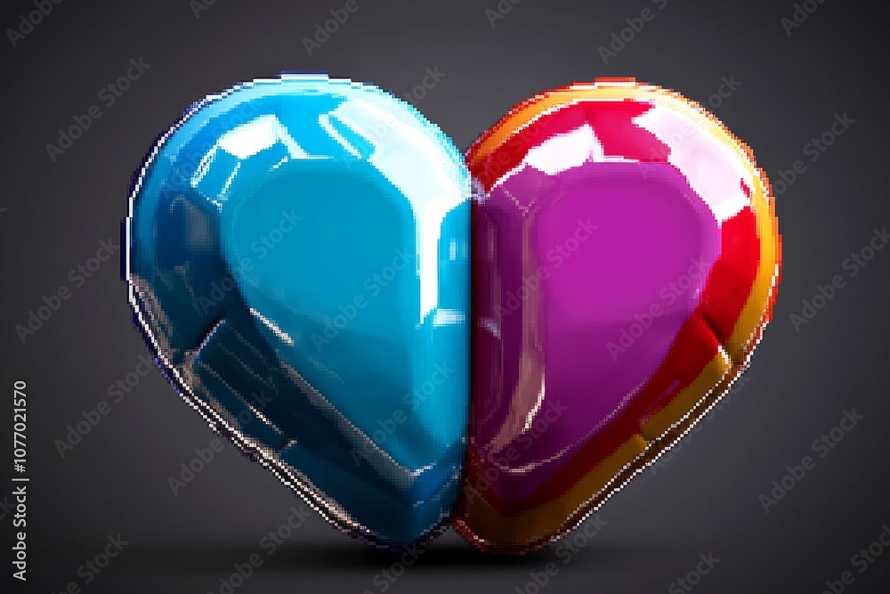 Poster pixel art of a heart symbol in retro 8-bit style, representing love in vibrant pixelated colors