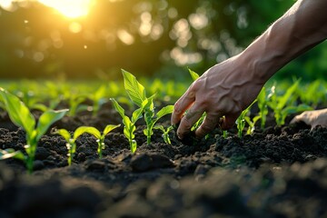 Fototapeta premium A close shot of a&nbsp;gardener provides a large area for textual use while tending to young corn plants in a lovely&nbsp;bright daytime setting, Generative AI.
