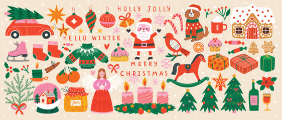 Christmas set of graphic elements, hand drawn style - cute objects, Santa Claus, Christmas tree, gift boxes, baubles and other elements. Vector illustration.