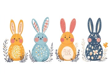 Obraz premium Rabbit and easter eggs frame watercolor mammal animal plant Cartoon bunny elements Cute bunny footprint trail paws ears and Funny bunnies head muzzle easter pattern rabbits and bunny free vector