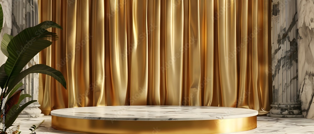 Poster elegant stage setting with golden drapes and marble platform ideal for presentations, performances, 