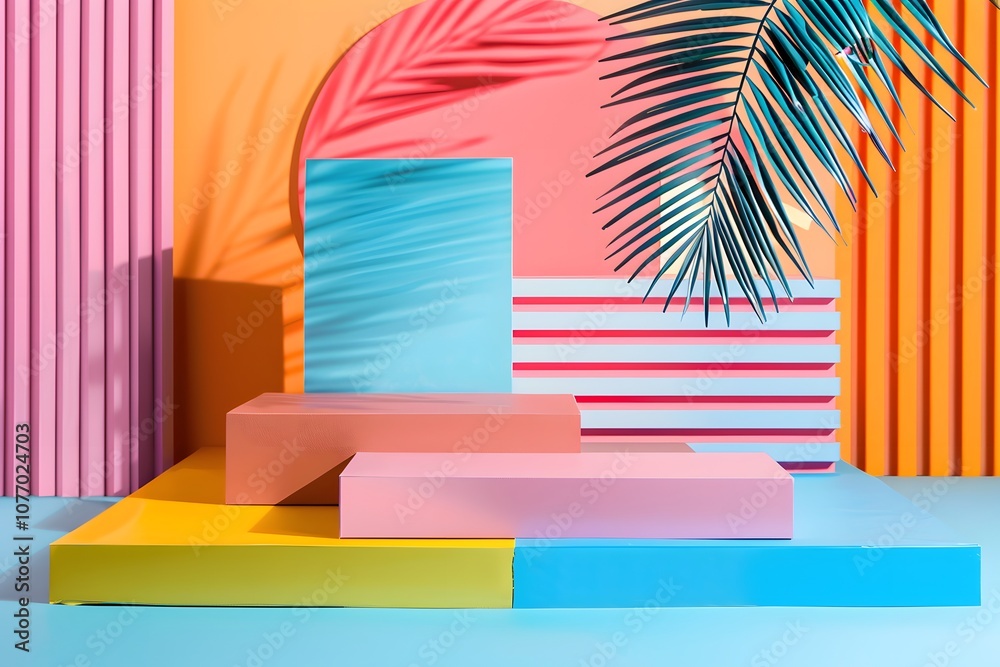 Poster colorful geometric background with tropical palm leaf and abstract shapes for creative projects, per