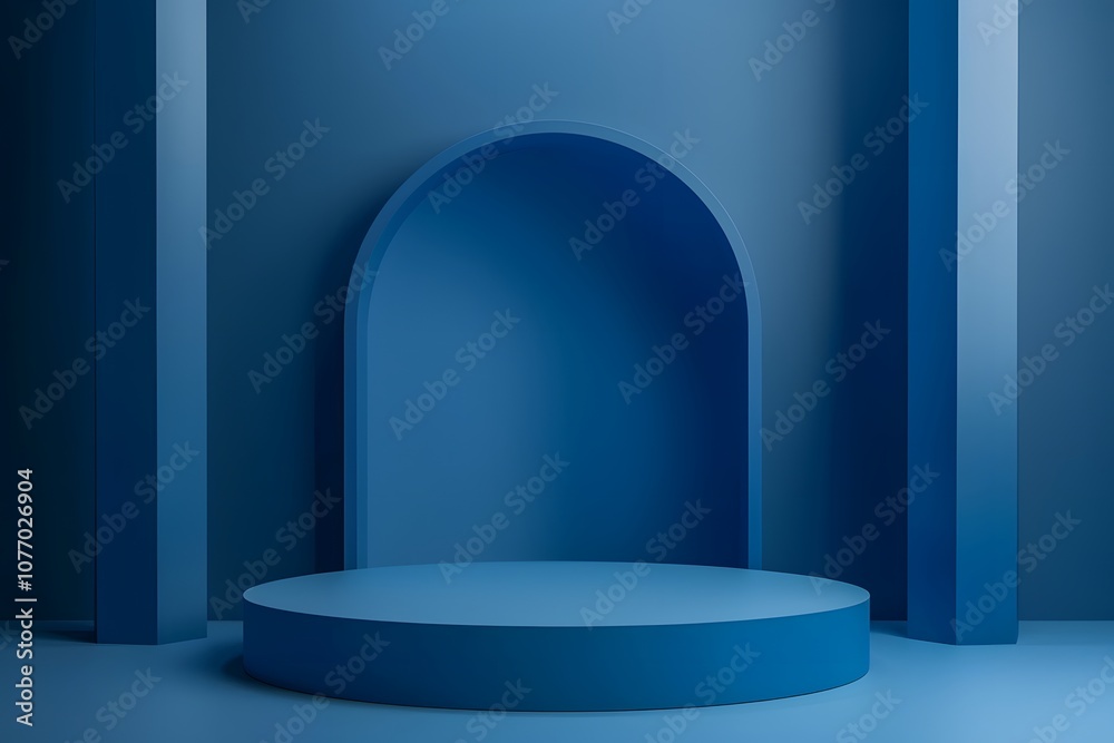 Poster abstract blue background with rounded arch and platform for display, minimalist design ideal for pre