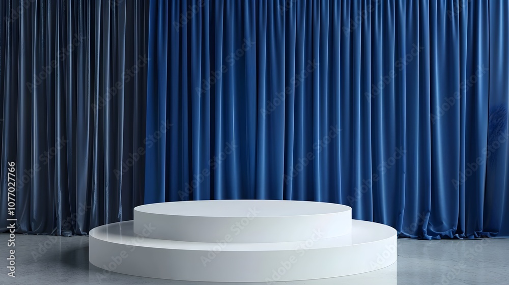 Poster minimalist stage with circular platform surrounded by elegant draped curtains in shades of blue and 