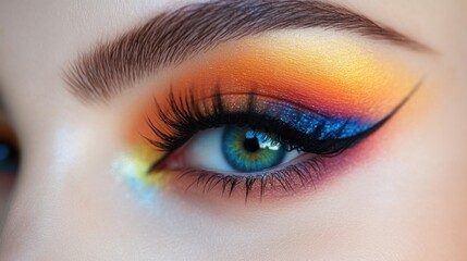 Obraz premium Vibrant eyeshadow art showcasing bold colors at a creative makeup event during the golden hour