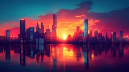 Fototapeta premium Vibrant skyline at sunset reflecting on water, showcasing modern city architecture.