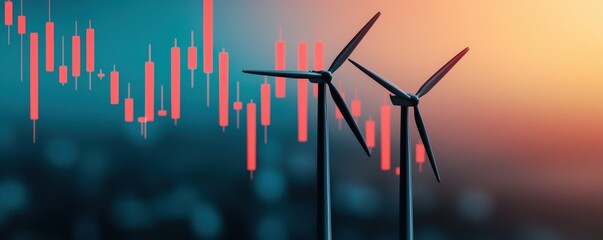 The image features wind turbines against a backdrop of a financial chart, symbolizing the intersection of renewable energy and market trends.