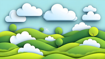 Obraz premium Paper cut style illustration of a green rolling hills landscape with clouds in a blue sky.