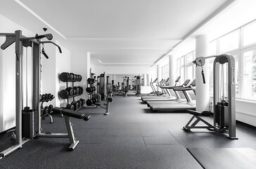 Fototapeta premium A 3D rendering of a well-equipped gym with a minimalist design, showcasing sleek, modern equipment in a spacious, clutter-free environment for a clean and functional aesthetic