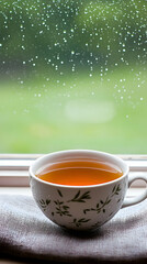 A cup of tea on a window sill with raindrops on the window pane.