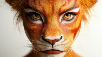 An artistic blend of human and tiger features showcasing incredible body painting creativity in a striking close-up