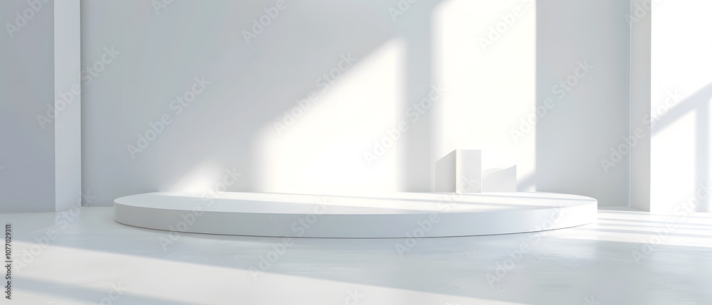 Poster minimalistic white studio space with soft natural light and abstract geometric shapes ideal for prod
