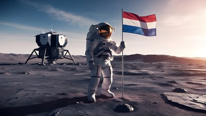This high-resolution image captures a powerful moment of human ambition and achievement as an astronaut proudly plants a flag on the surface of an alien world. 