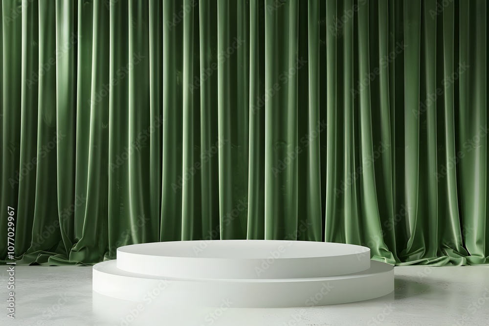 Poster elegant green drapery with a minimalist round platform ideal for presentations, performances, or pho