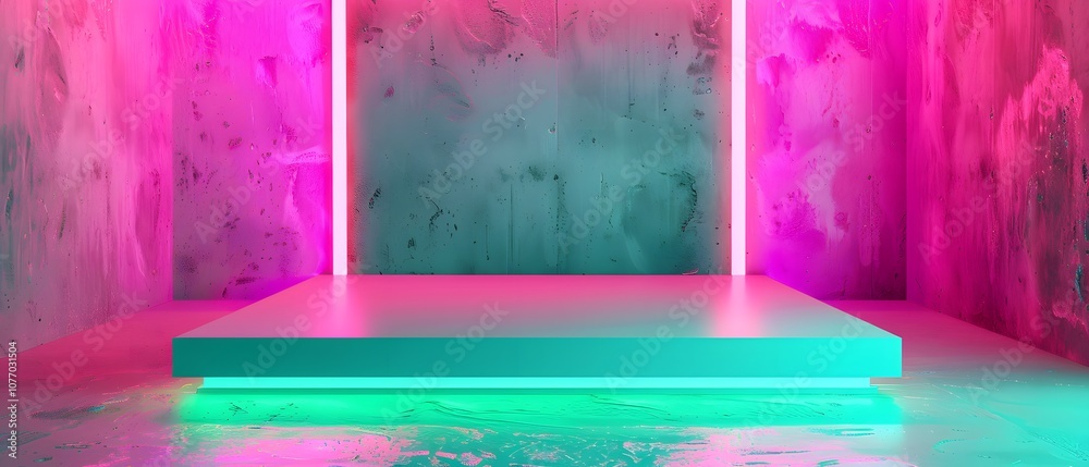 Poster Vibrant Neon Display Space with Colorful Lighting and Smooth Surface for Modern Product Presentation in a Contemporary Interior Design Setting