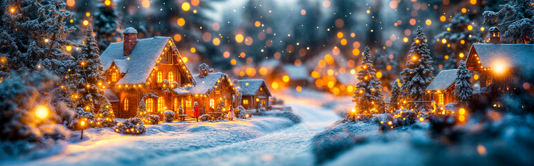Village dans une ambiance de No&euml;l avec des figurines en tilt-shift