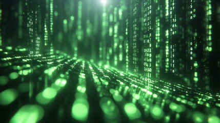 A green background with a series of green lines and numbers. The image is abstract and futuristic, with a sense of movement and energy