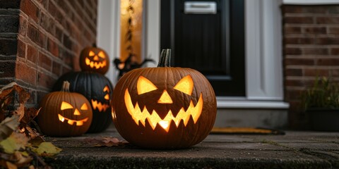 Obraz premium A glowing jack o' lantern with a spooky face, placed on a doorstep, with other Halloween decorations in the background.