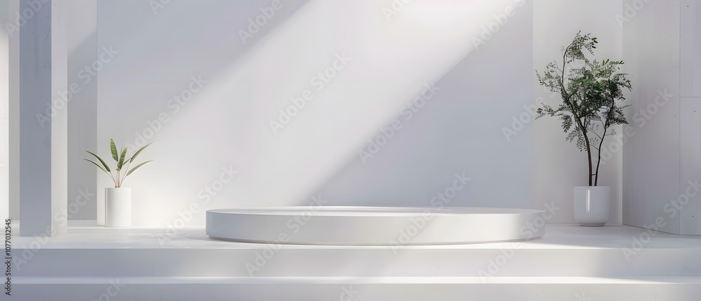 Poster minimalist indoor space with round platform and potted plants surrounded by soft natural light in a 