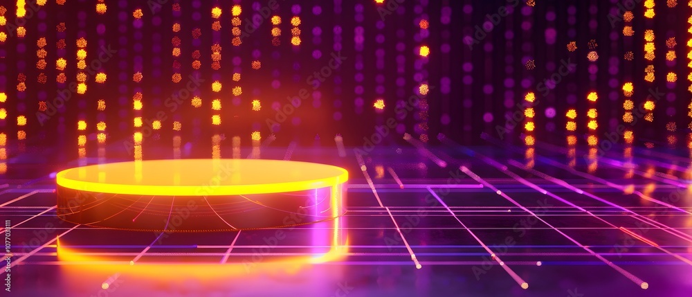 Aufkleber Futuristic glowing platform with vibrant neon lights and digital particle effects, set against a mesmerizing abstract background with a high-tech feel.