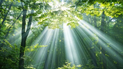 Obraz premium Sun-Kissed Forest: Rays of Light Breaking Through Misty Woodland