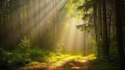Fototapeta premium Sun-Kissed Forest: Rays of Light Breaking Through Misty Woodland