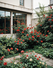 Obraz premium A lush garden with vibrant red roses and other flowering plants surrounding a glass-walled building
